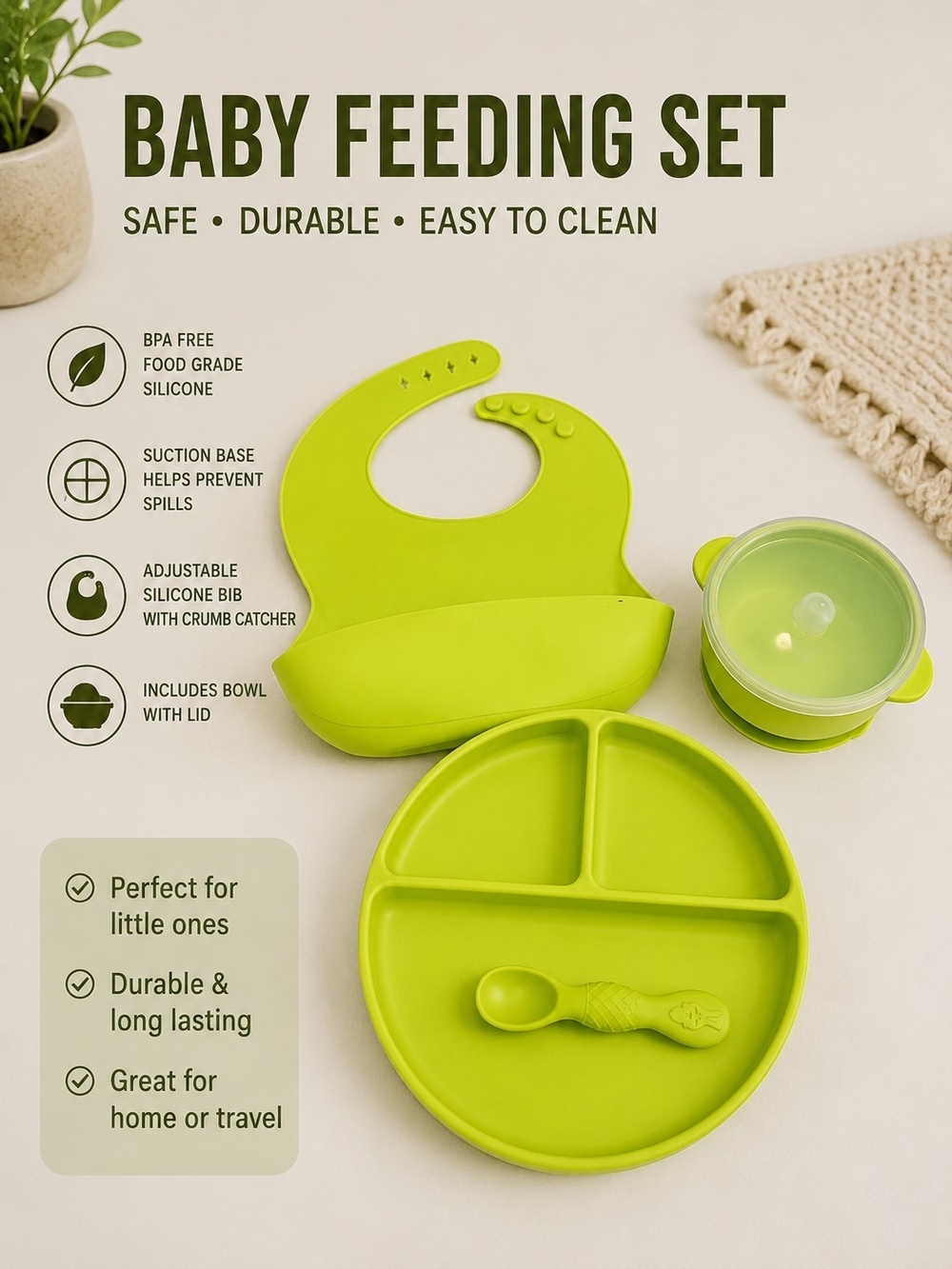 Baby Feeding Set - Lime Green Silicone Bib, Plate, Bowl & Spoon